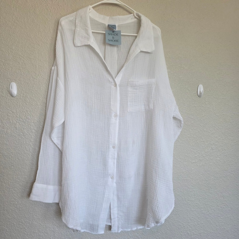 Shade & Shore Womens White Cotton Gauze Button Down Beach Cover Up Shirt XL 619
